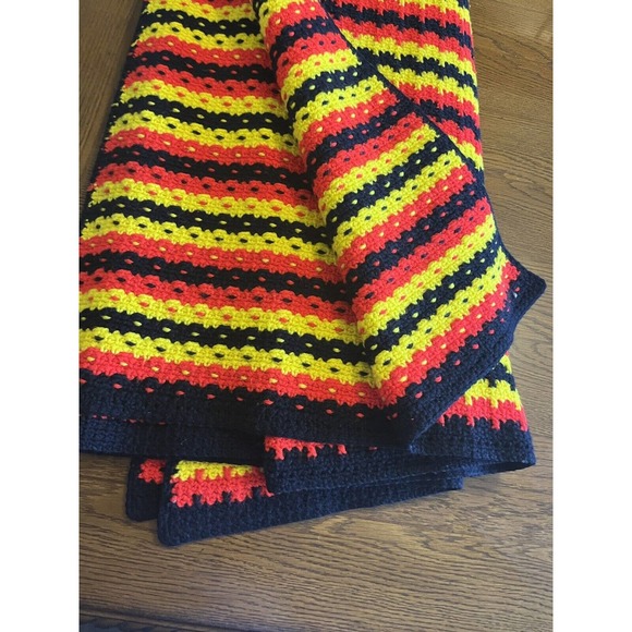 Vintage 70s MCM Striped Acrylic Knit Afghan Blanket Yellow Red Orange Navy - Picture 8 of 8